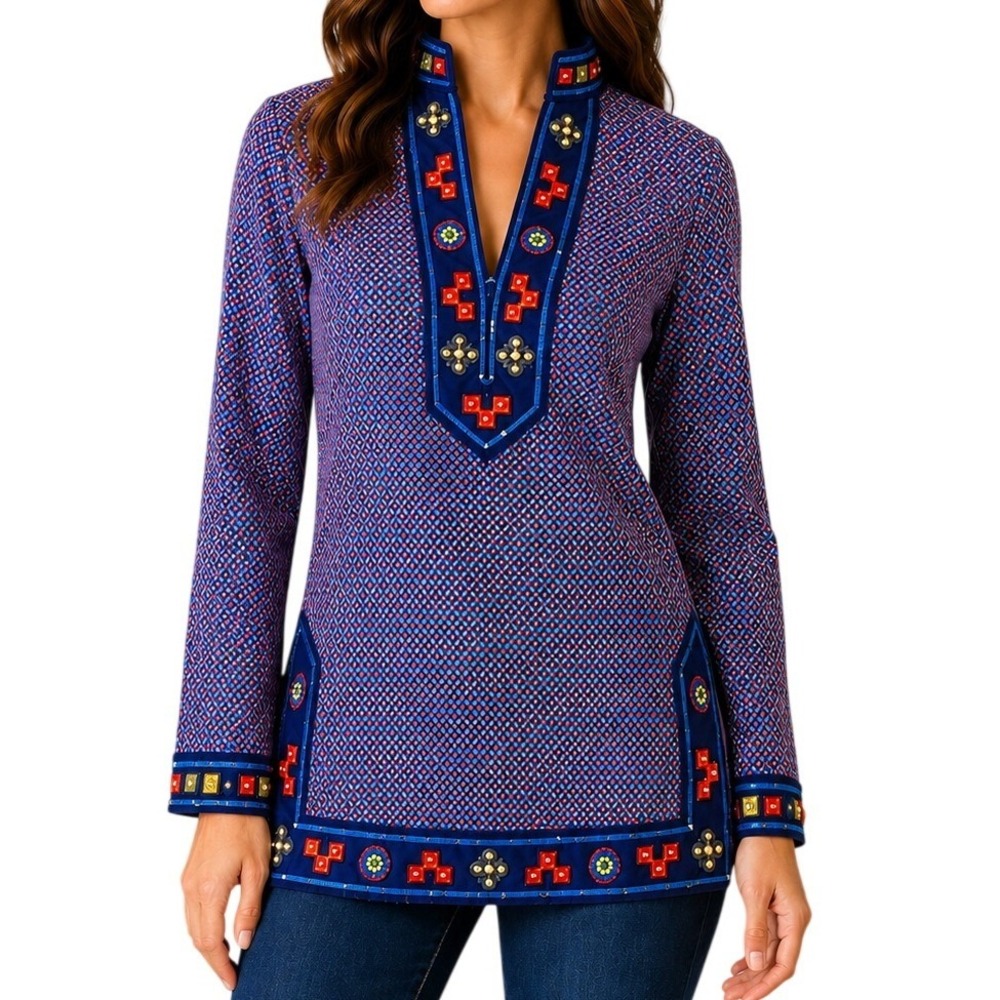 Tory Burch Blue Red Geometric Beaded Sequin Tunic Top Women's 2
